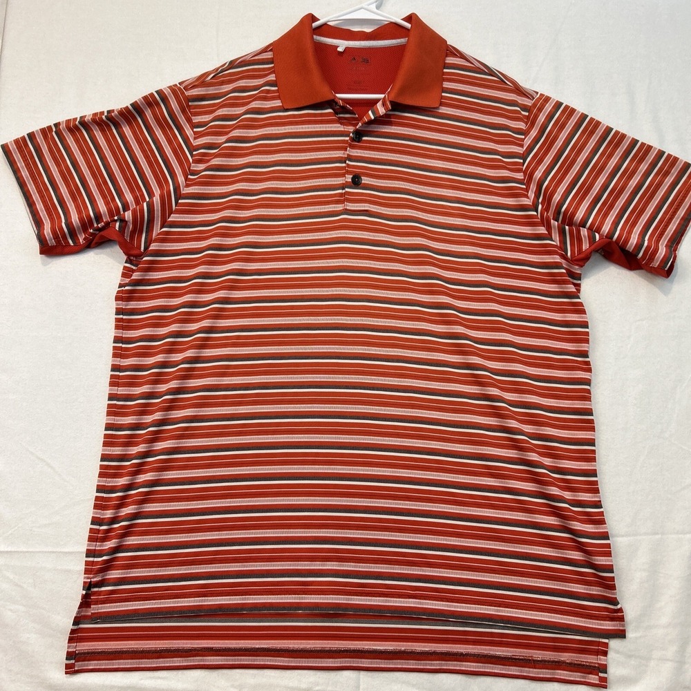 Adidas Mens Short Sleeve Golf Polo Shirt Large Orange Striped Climacool Pullover